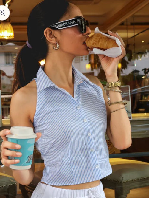 Blue Fitted LaceBack Sleeveless Collar Shirt